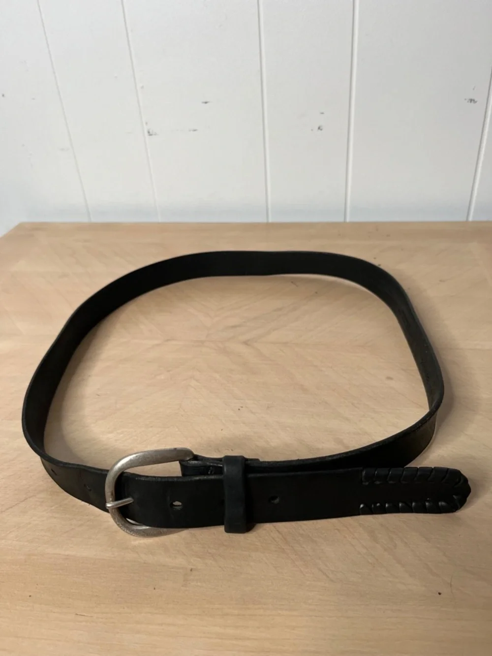 Christian Dior Men's Black Leather Belt with Braided Tip and Silver Buckle 38